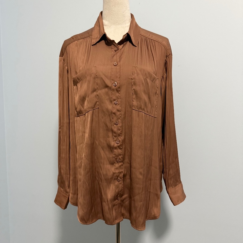 Anthropologie Women’s Long Sleeve Button Down Patch Pockets Brown Blouse Size MP